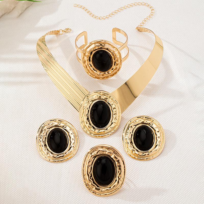 Black Gemstone Setting, Collar Stud Earrings, Bracelet Set, Bohemian Jewelry.