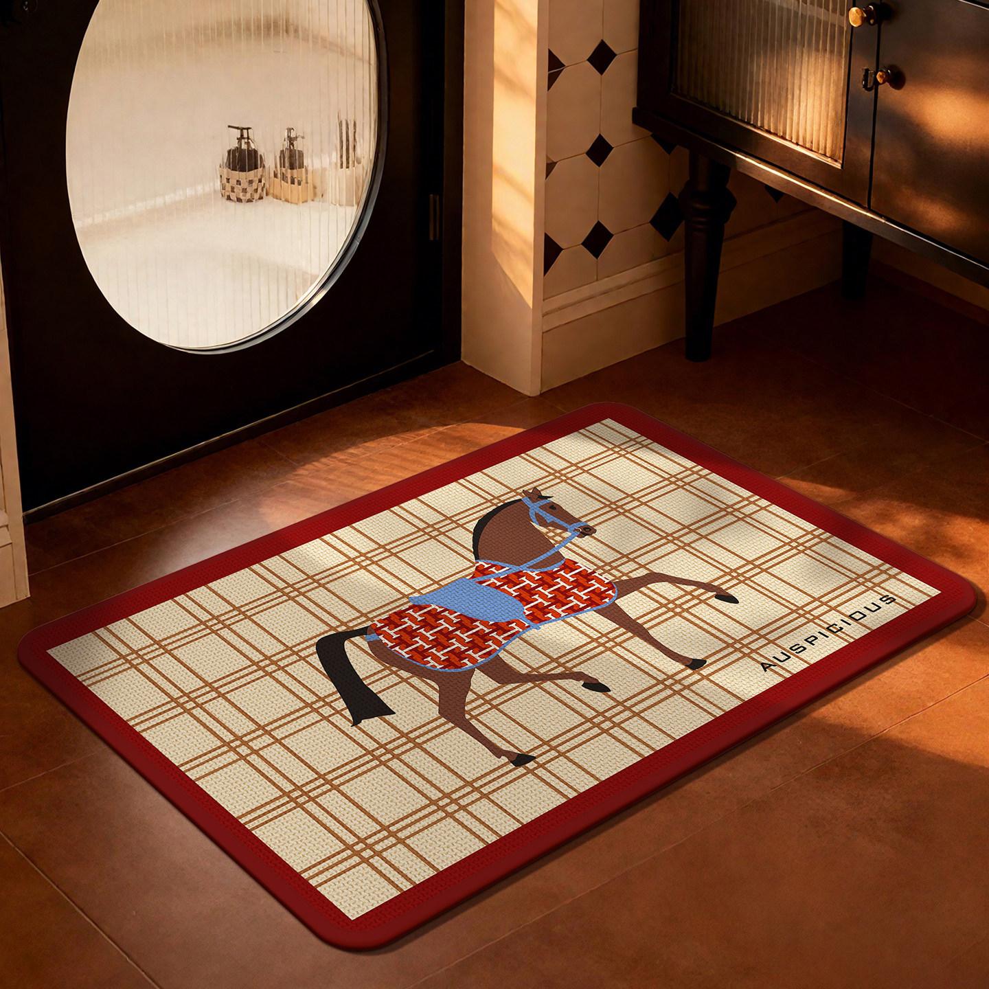 

New Year Retro Faux Linen Bathroom Mat Anti-Slip Absorbent Floor Rug Vintage Horse Pattern Quick Dry Bath Mat Entrance Doormat 40x60cm