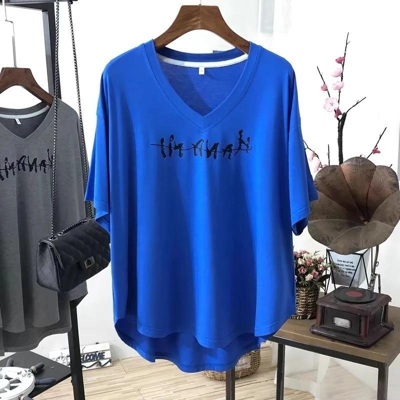 

T-shirt Women Ice Silk Summer Casual Large Size Loose V-Neck Pullover Short-sleeved Tops XXXXL синій