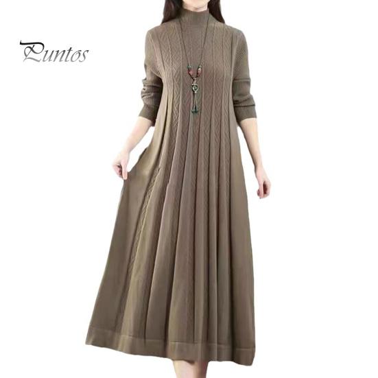 Winter Sweater Pleated Midi Dress Women Fall Knitted A-line Loose Hem Solid Color High Collar Autumn Neck Protection Thick Warm Long Sleeve