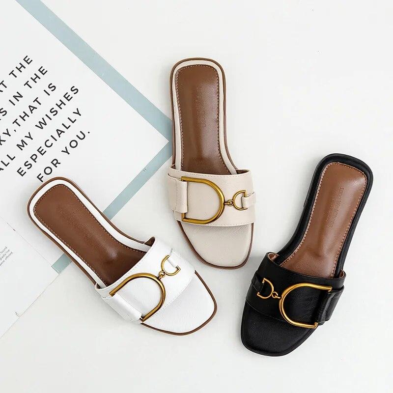 Pantoufles d'été en cuir à bout carré pour femmes, tongs plates de styliste, sandales de luxe, chaussures pour femmes