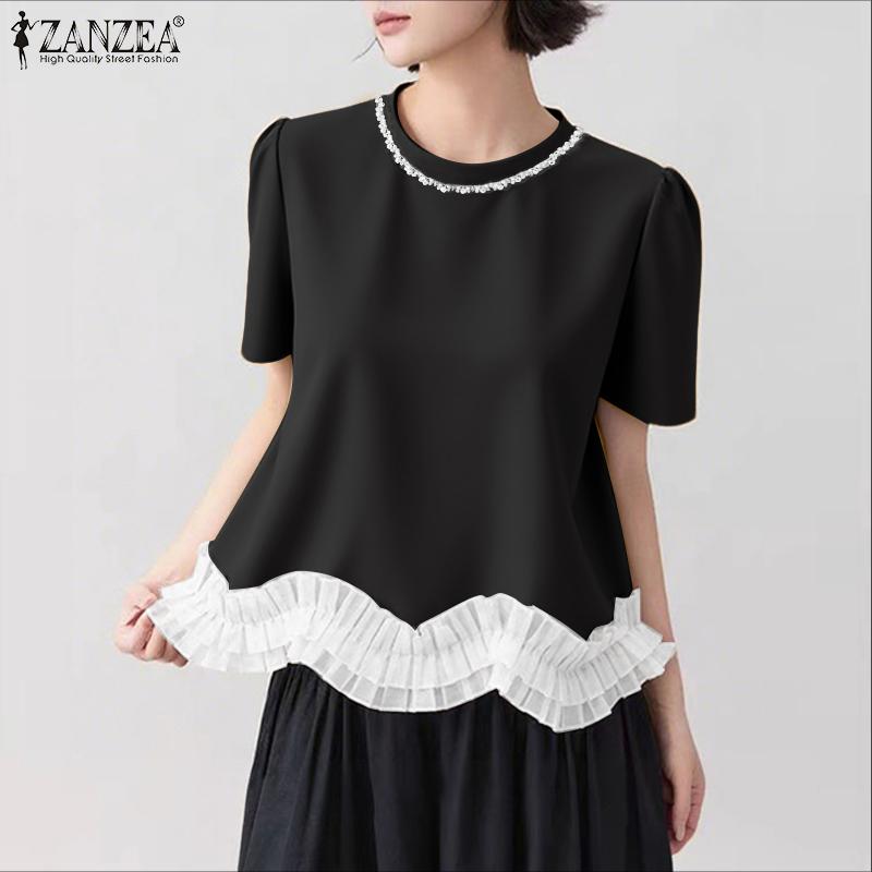 ZANZEA Bluză casual de vară pentru femei, cu gât rotund, mânecă scurtă, cu aplicații