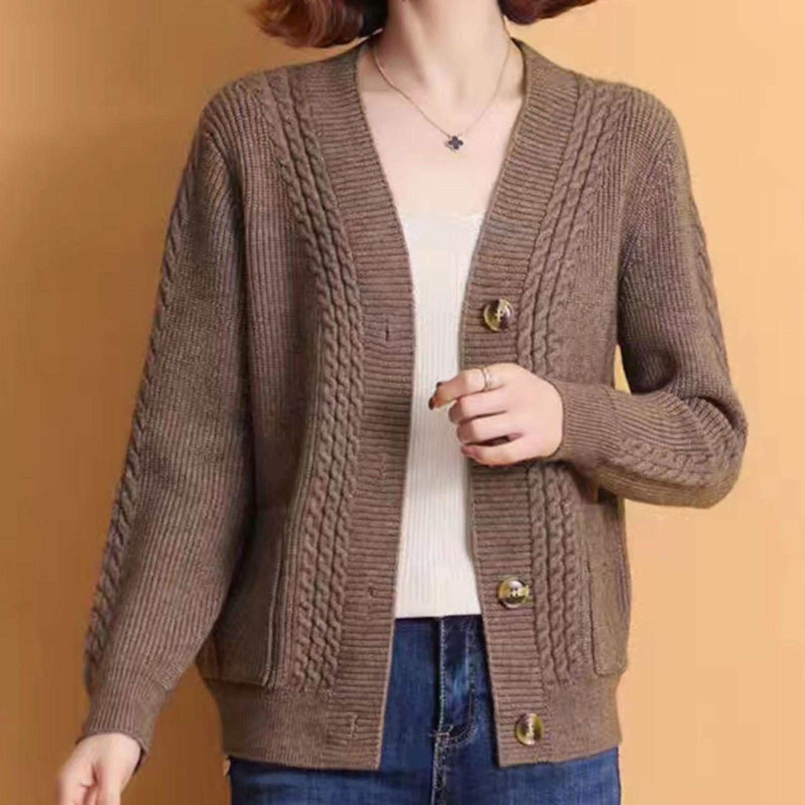 

Женский кардиган с V-образным вырезом, вязаный, на пуговицах, повседневный модный свитер-жакет One Size верблюд