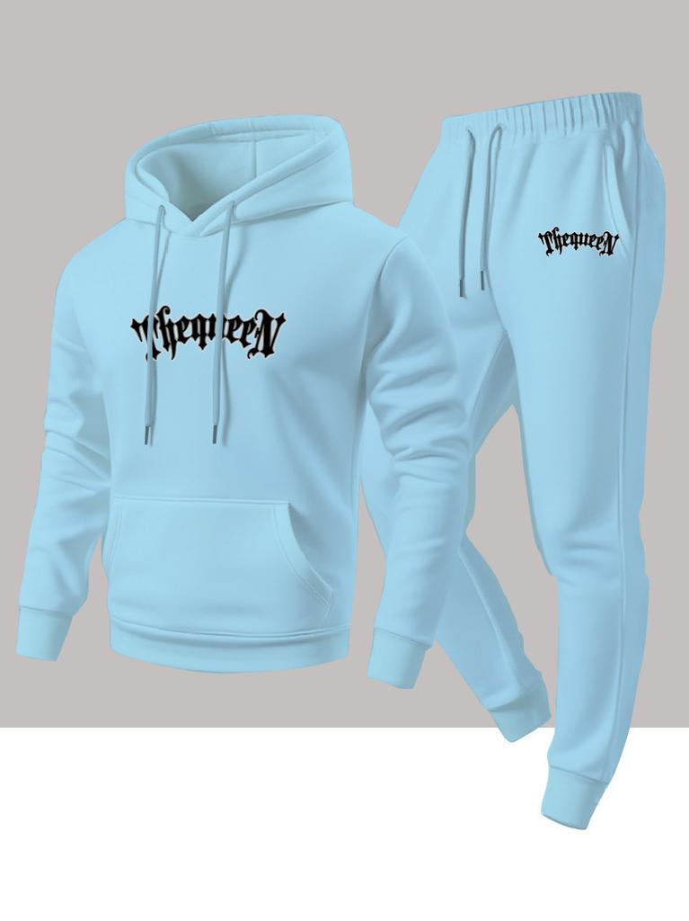 Men's fashionable casual two-piece set, new fleece-lined personalized letter print hooded shirt, sweatshirt and pants set