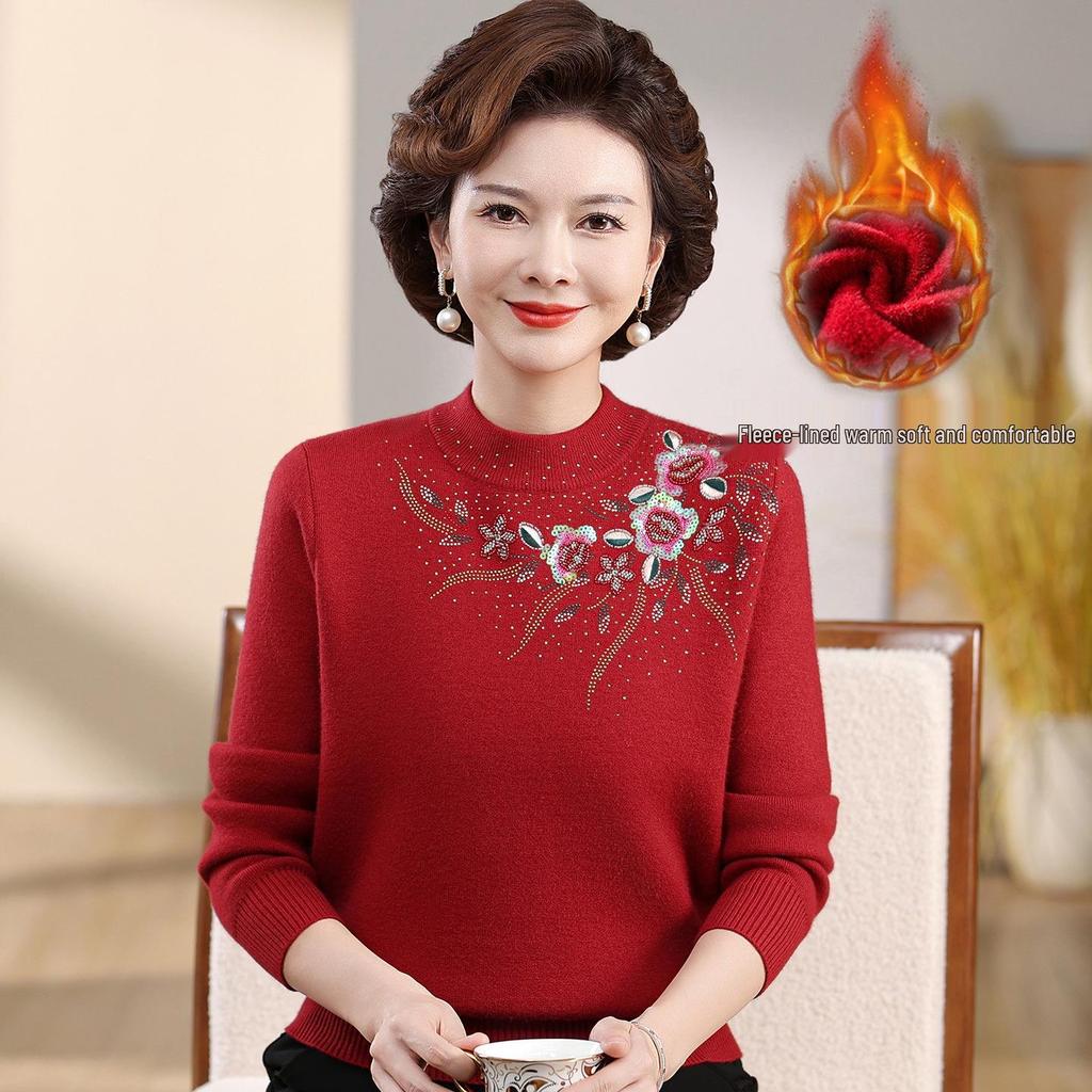 Mom's Velvet One-Piece Sweater for Women - Warm Embroidered Top for Middle-Aged & Elderly Women, Plus Velvet & Thickened for Autumn/Winter.
