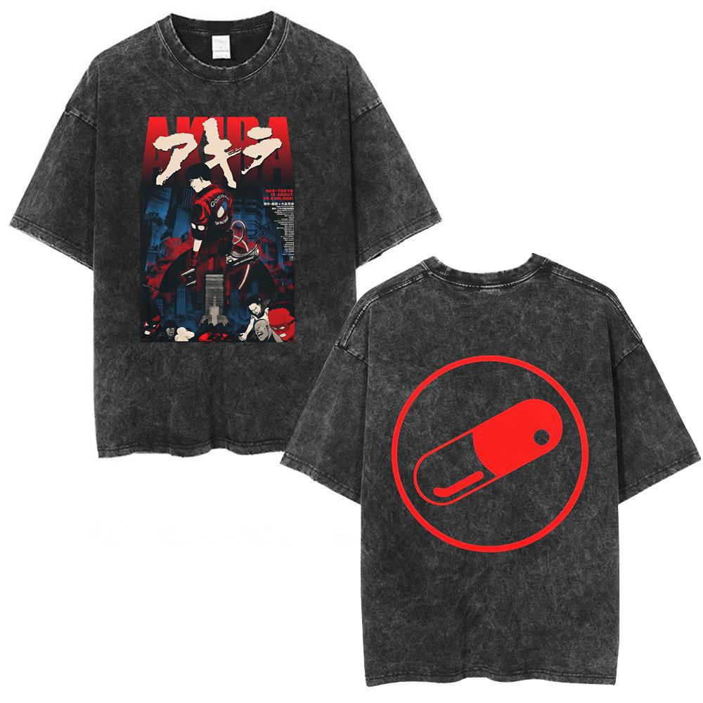 Anime Akira Vintage Washed T Shirts 90s Japanese Manga Shotaro Kaneda Tshirt Men Women Clothing Oversized Tshirts Streetwear