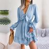 Summer Women Dress High Waist Big Swing Solid Color Lace Up Wooden Edge Elegant Fashion