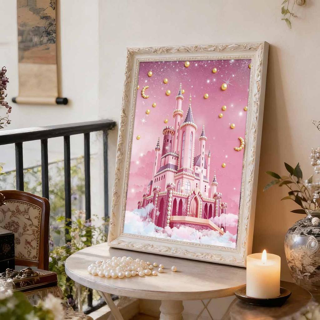 DIY Diamond Art Pearl Painting Kit for Adults, Pink Castle Special Shaped Pearl Art Painting Wall for Home Office Decor Handmade Gift