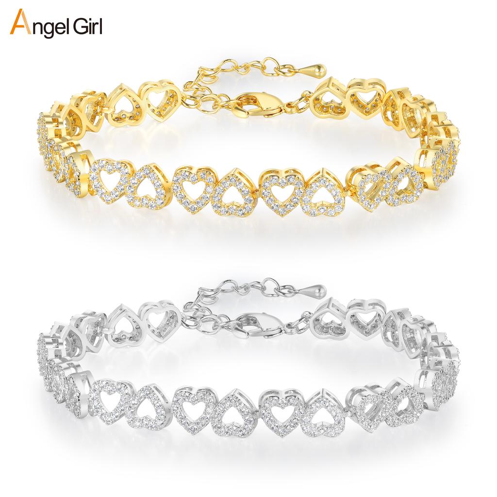 Sparkling Heart-shaped Cubic Zirconia Adjustable Brass Bracelet for Women Trendy Minimalist Elegant Dainty Fashion Platinum/Gold