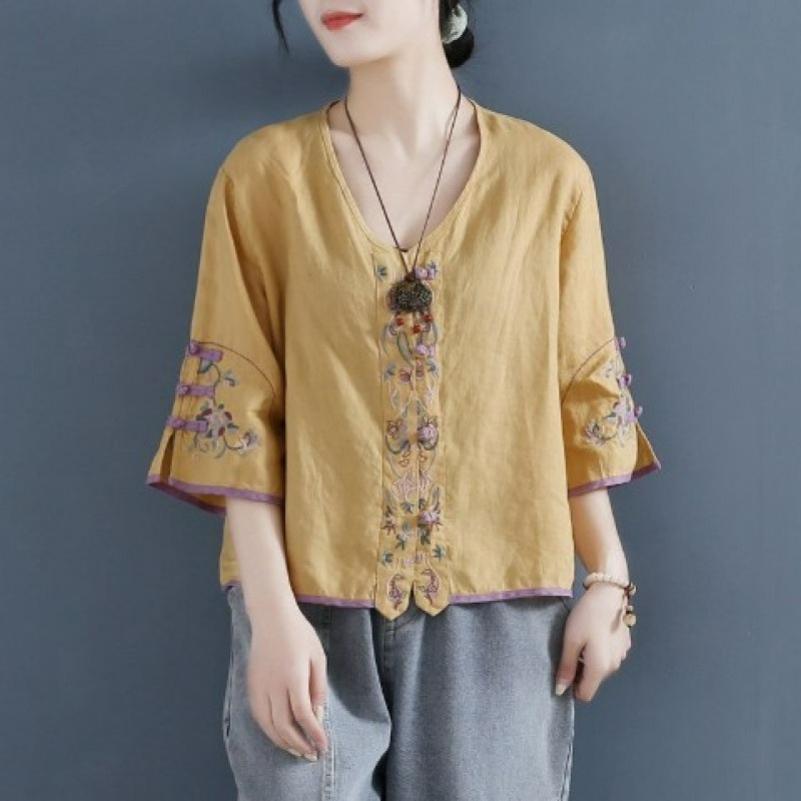Retro Embroidered Disc Button Linen Cotton Shirt Women's Summer Chinese Zen Tea Dress Loose Short V-neck Top