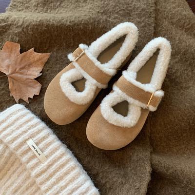 Cowhide~ Mao Mao Mary Jane Shoes Women's Autumn and Winter Light Mouth Round Head with Small Low Heels Autumn and Winter Warm Velvet Cotton Shoes