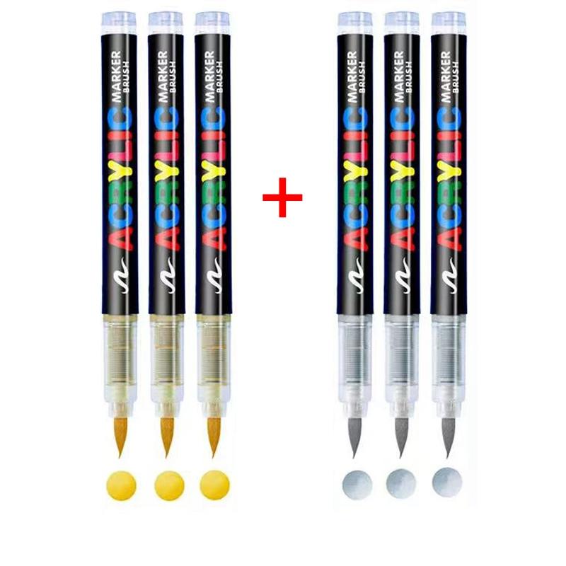 3/6Pcs Acrylic White Marker Brush Pens Black Paint Art Markers Set for Rock Painting Stone Ceramic Wood Tire Fabric Metal Canvas
