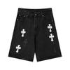 1518 Pantalones Cortos de Mezclilla Negros para Hombre Parches de Cruz Blancos y Negros Streetwear Holgados Jorts