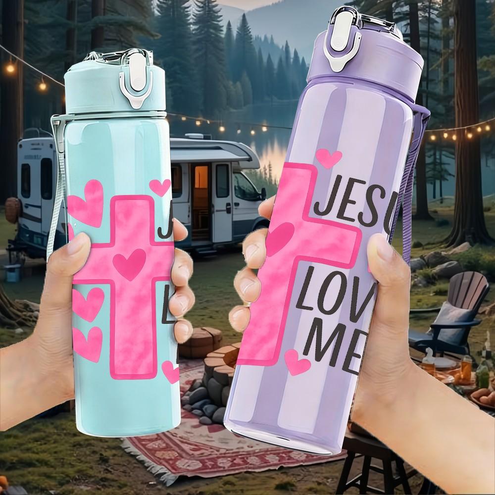 1PC Jesus Loves Me Pink Cross Heart 750ml Color Plastic Sports Water Bottle Leakproof Flip Straw Lid Suitable for Sports Office Home Use
