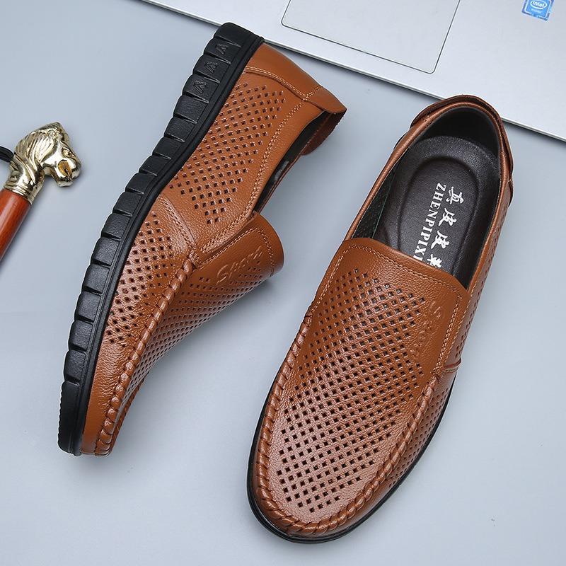 Summer hollow breathable cool leather shoes men's leather soft-soled hole shoes middle old dad shoes