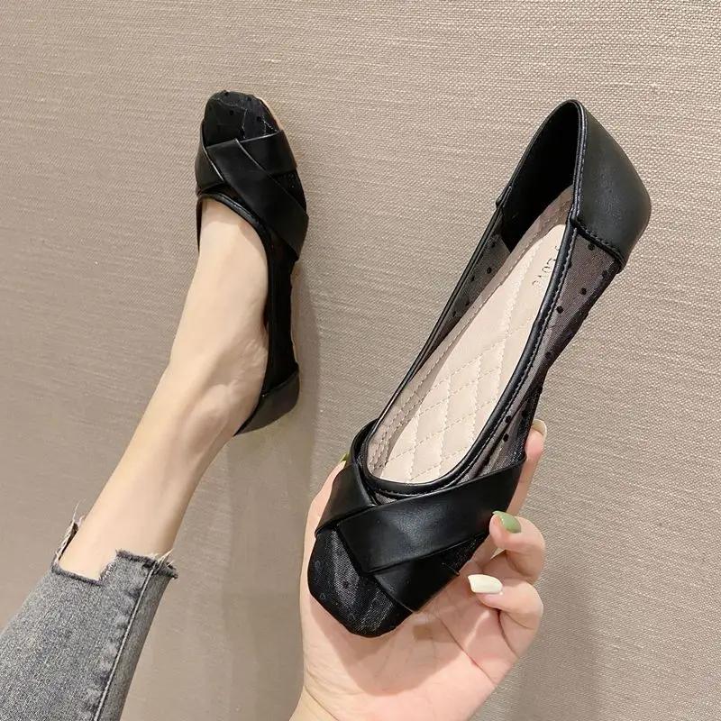Young Mesh Square Toe Woman Flats Y2k 2025 Trend Cheap Clearance Shoes for Women Quick Delivery High Quality Fashion Social Shoe