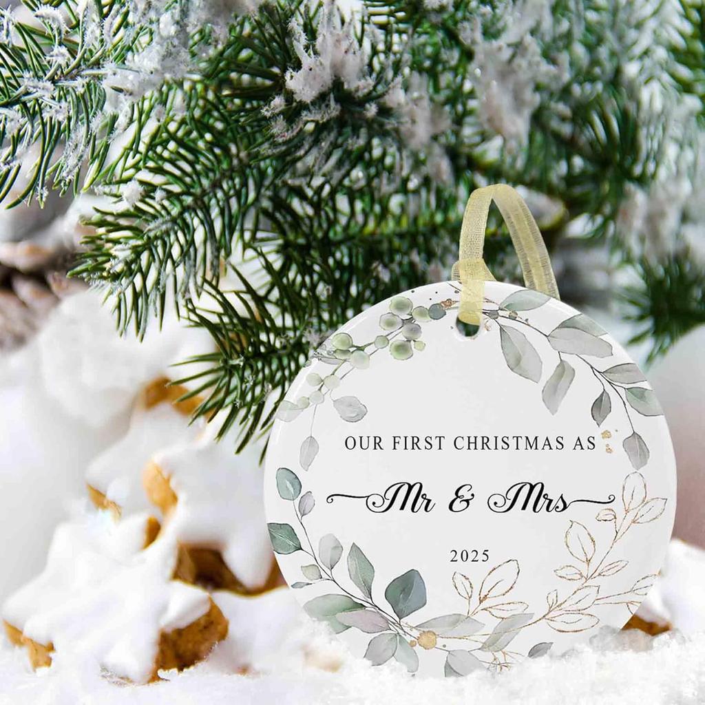 Our First Christmas Married Ornament 2025,Wedding Gifts for Couples Unique Decoration,First Year Newlywed Mr and Mrs Hanging 2.9" Ceramic Round