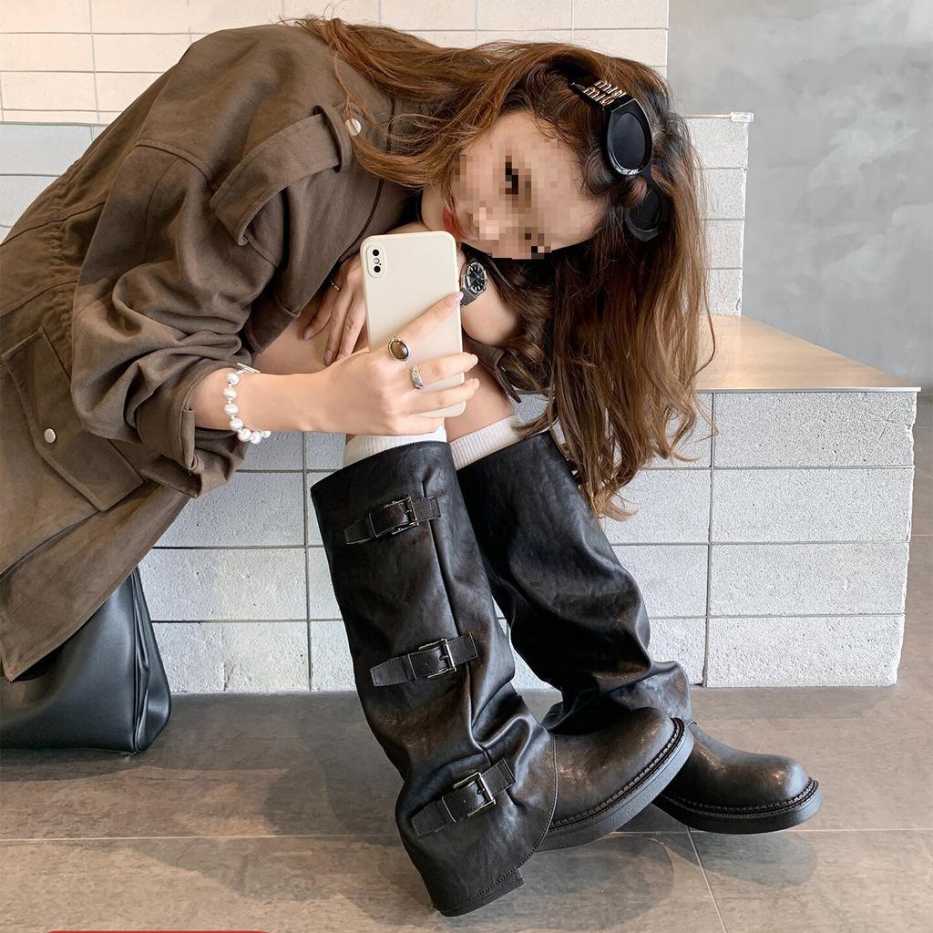 Su Yinyin, the Same Spice Girl Pant Tube Boots, Thick-soled Heightened Medium Tube Belt Buckle, Western Knight Boots, Black Stacking Boots for Women