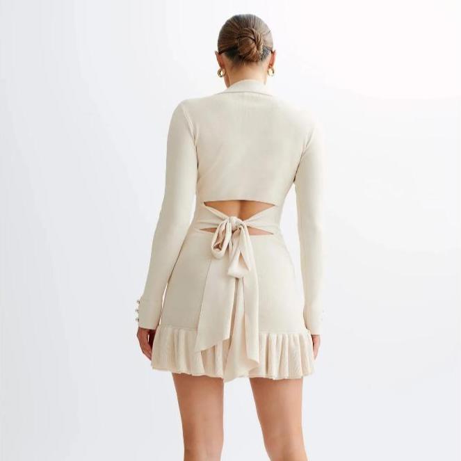 KOSY Ruffled Bow Knit Mini Dress Women's Backless Contrast Cardigan Lace-Up Elegant Dress Female Knitwear Bandage Dress