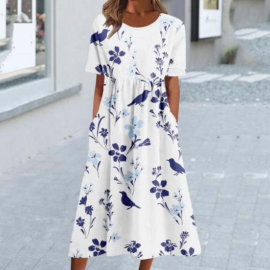 Women Summer Dress Round Neck Loose Fit Flower Print Wide Hem Short