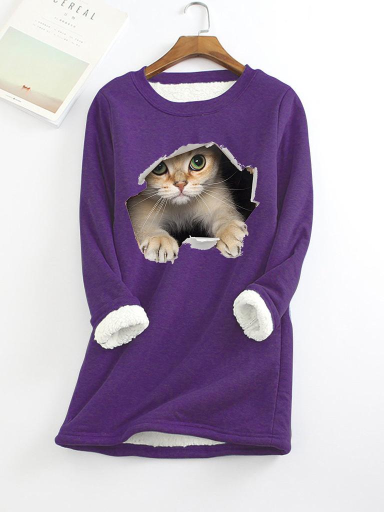 Autumn and Winter New Plus Size Fashionable Round Neck Pullover Cat Long Sleeved Plus Plush Thick Women's Bottoming Shirt Top