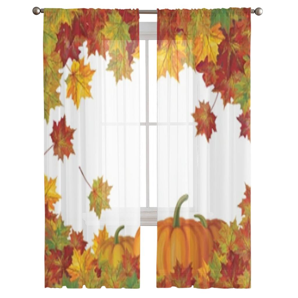 Autumn Leaves And Pumpkins Sheer Window Curtains For Living Room Bedroom Modern Voile Tulle Curtains Fabric Drapes For Kitchen