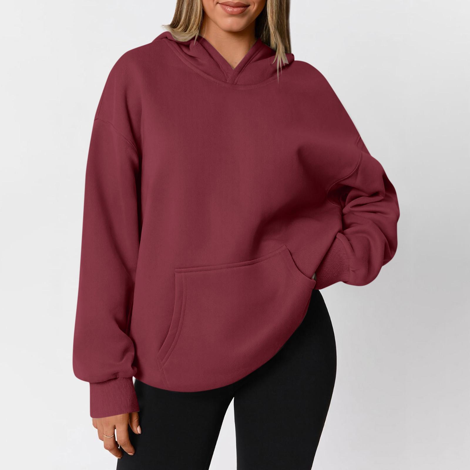 

Женская модная толстовка с капюшоном на молнии с длинным рукавом, повседневная однотонная толстовка с карманами L винный