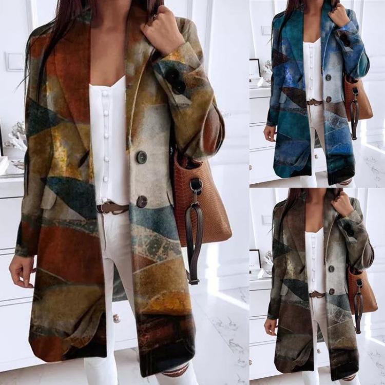 Women Plus Size Long Wollen Coat Autumn Printing Loose Warm Fashion Outerwear