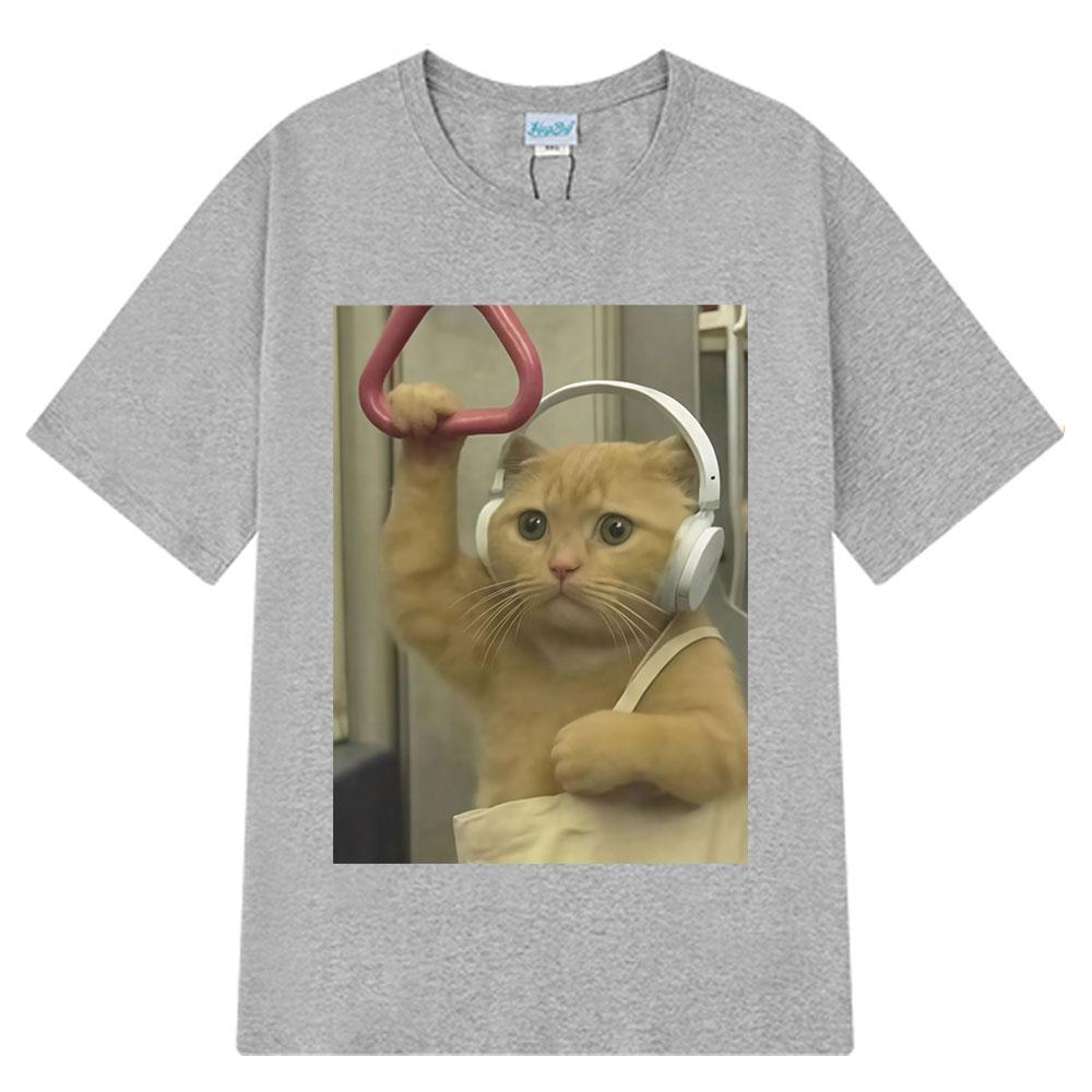 Subway Cat Meme  Funny Kitty Print T-shirt Men Women Fashion Clothing T-shirts Short-sleeved Loose Harajuku Oversized T-shirts