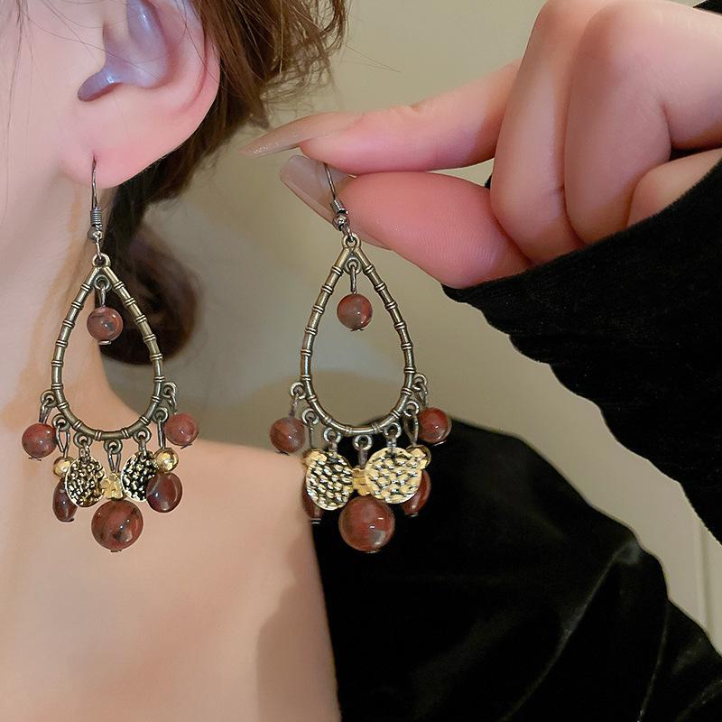 Ancient style super fairy bamboo flower pearl fringed stud earrings ear hook explosion Chinese style versatile earrings earrings