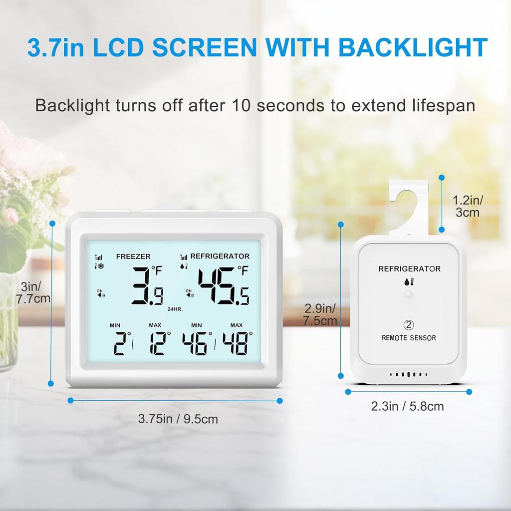Refrigerator Thermometer with Freezer Alarm - Temracha Wireless Fridge Thermometer with Alert, Backlight MAX/MIN Record for Kitchen Home Restaurant
