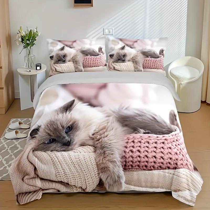 Creative Lazy Cute Cat Print Duvet Cover, High Quality Soft Bedding Set, Soft And Comfortable Quilt Cover, Suitable For Bedroom