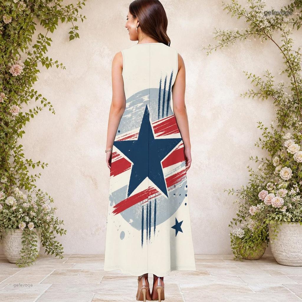 Women Plus Size Keyhole Neck Sleeveless Eagle Star Stripe Printed A Line Long Dress