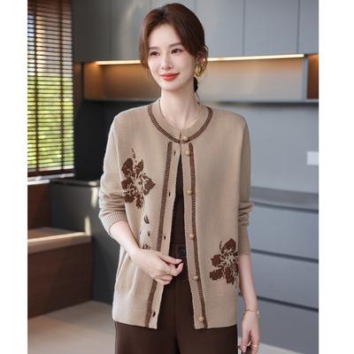 Herbst Neue Blume Strickjacke Jacke Temperament Altersmindernd Sanft Rundhals Mittleren Alters und Ältere Damenbekleidung