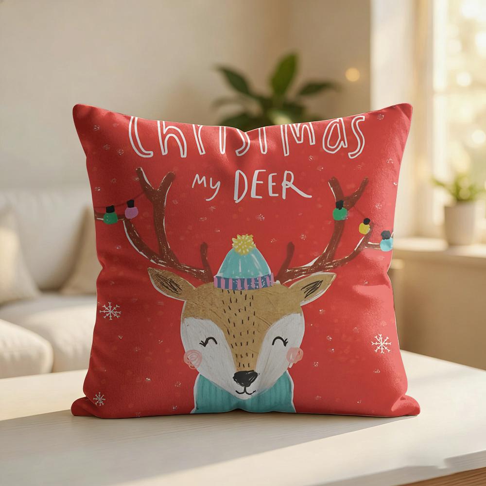 CUTE Christmas Reindeer Cushion Cover Silky Short Plush Invisible Zipper Dustproof Sofa Pillow Case For Home Decor