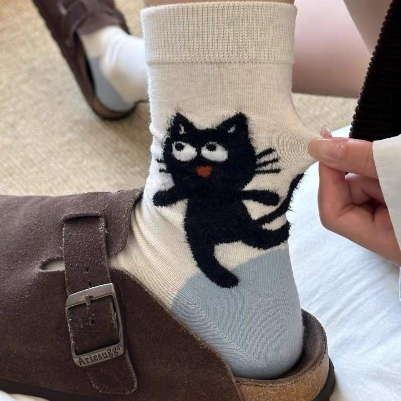 1 Pair Women's Socks Autumn Winter Letter Print Breathable Cat Ankle Socks High Quality Mid-Calf Socks Cute Cat Polyester Blend