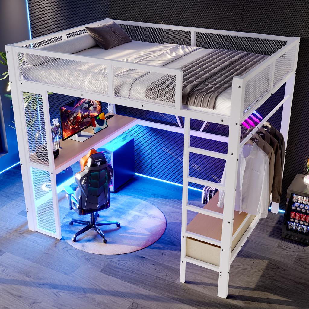 140 x 200 cm Metal Play Loft Bed with USB, LED, Desk, Open Wardrobe and 3 Laundry Drawers, White