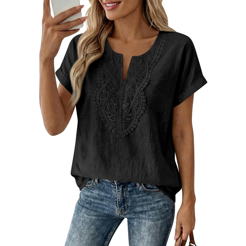 Womens Casual V Neck Short Sleeve Top Embroidered Bohemian Style Loose Fit Blouse Lightweight Summer Shirt for Daily Wear