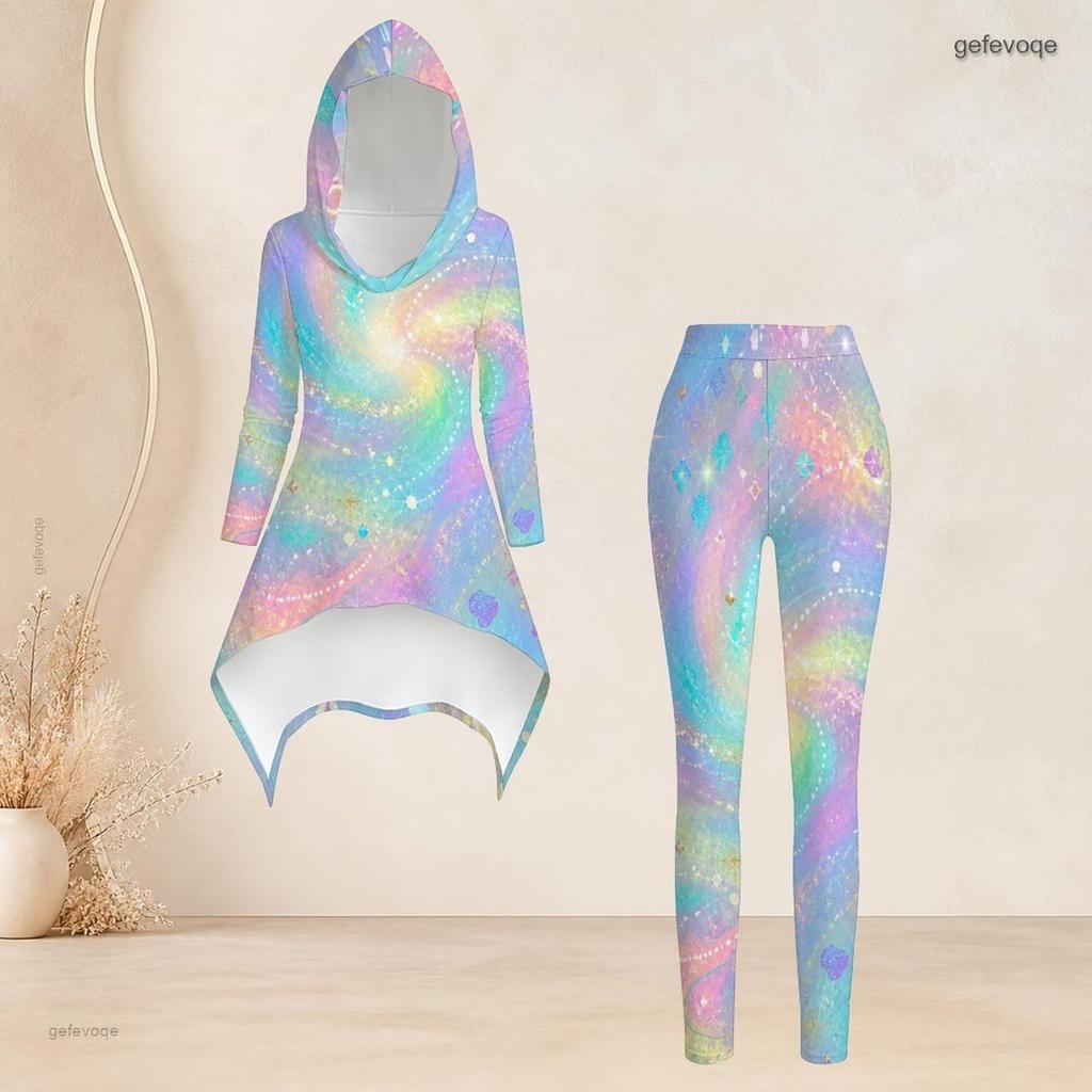 Women Plus Size Hooded Long Sleeve Two Piece Set Printed High Low Top Fitted Pants