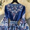 New Printted High Street Dresses For Women V Neck Long Sleeve Patchwork Sashes Temperament Dress Female Dresses