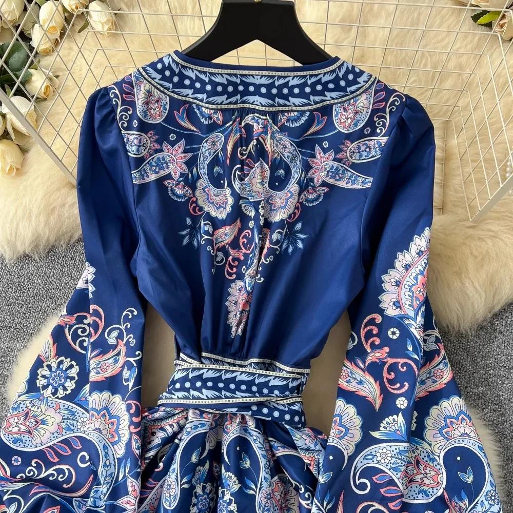 New Printted High Street Dresses For Women V Neck Long Sleeve Patchwork Sashes Temperament Dress Female Dresses