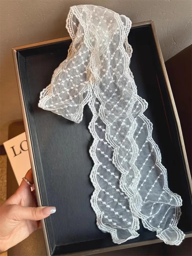 Vintage White Lace Hair Scarf Summer Sweet Bow Headband Elegant Ribbon Scarfs for Women Hairbands 130cm Long Narrow Neckscarf