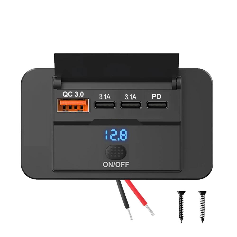 

4Ports 12V 24V PD QC3.0 Car Charger Socket Adapter with Switch Fast Charging Splitter Outlet for Bus RV ATV Truck Boat Outlet