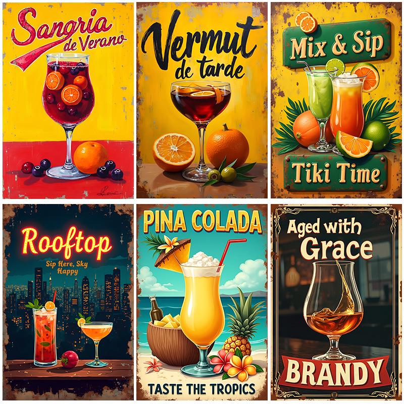 Fruit Juice Tin Sign Tiki Cocktails Coffee Whisky Tinplate Poster Classic Wall Plaque Signs Cafe Bar Billboard Art Decor Plates
