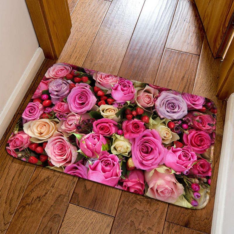 Felpudo de Entrada con Estampado de Flores de Rosa Románticas Felpudos de Bienvenida Antideslizantes para el Hogar Cocina Felpudo Lavable para el Suelo del Baño Alfombras de Balcón