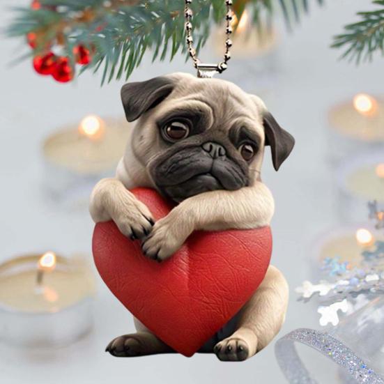 Acrylic Heart Dog Car Hanging Ornament Cute Puppy Pendant with Red Heart Car Rearview Mirror Decoration with Adjustable Strap