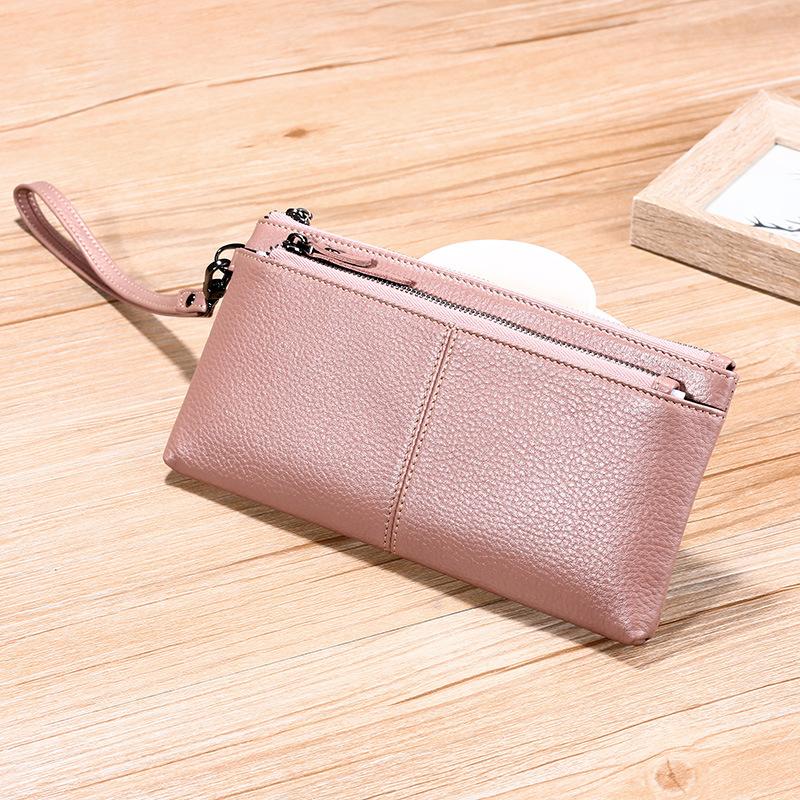 Natural Drop Pattern First Layer Cowhide Fashionable Women's Hand Grab Bag Hand Strap Multi-function Double Layer Zipper Mobile Phone Long Wallet