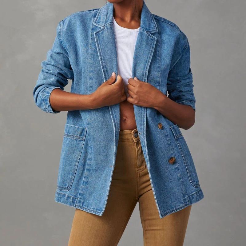 QICED Chaquetas y abrigos con cuello POLO de manga larga para otoño e invierno con estampado de Color sólido informal vintage para mujer