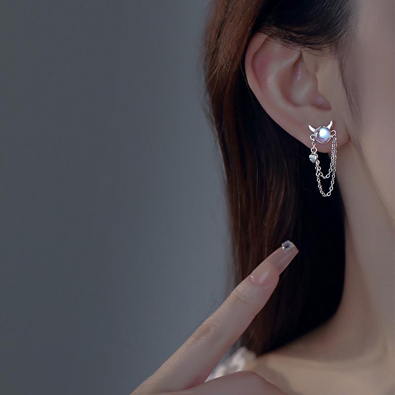 Moonstone Double Layer Heart Tassel Earrings - Y2K Spice Girl Style