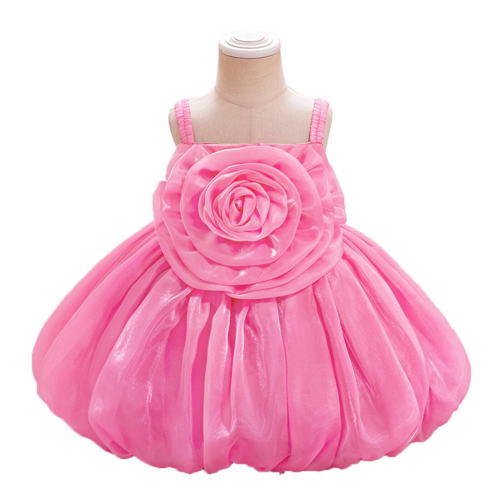 Toddler Princess Dress with 3D Rose Flowers and Shiny Satin Puff Sleeves